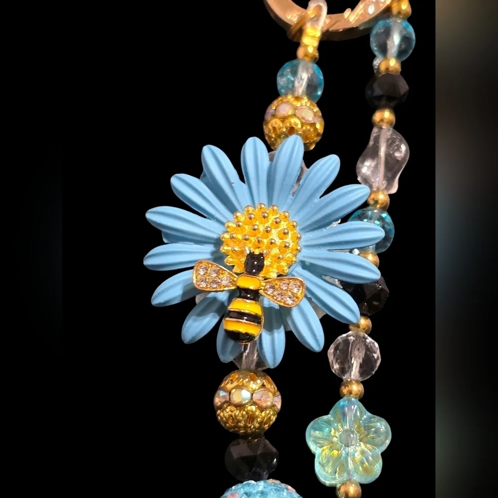 Elegant Blue and Gold Daisy And Bee Bag Charm